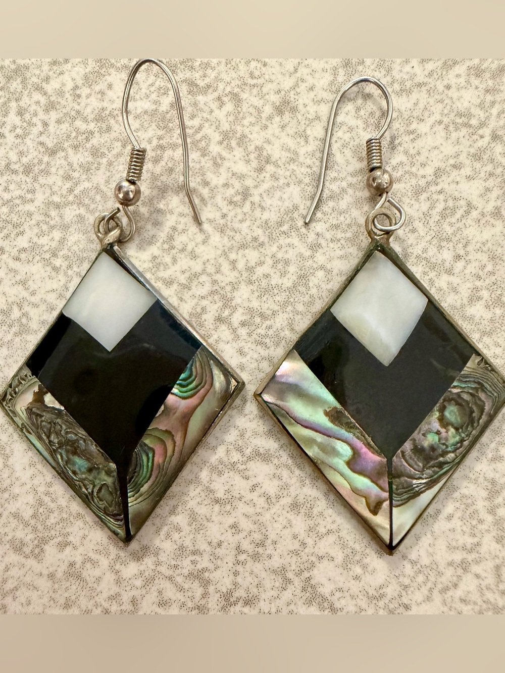 Vintage Mexican Silver Abalone Onyx Pearl Wire Drop Earrings